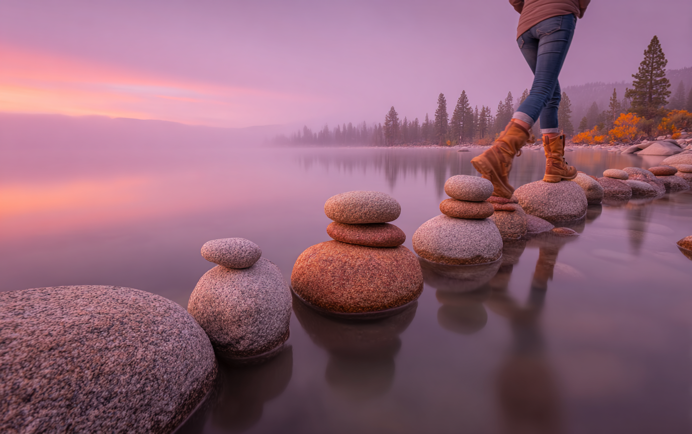 A person in tan boots steps across stacked lakeshore stones in misty pink sunset light.