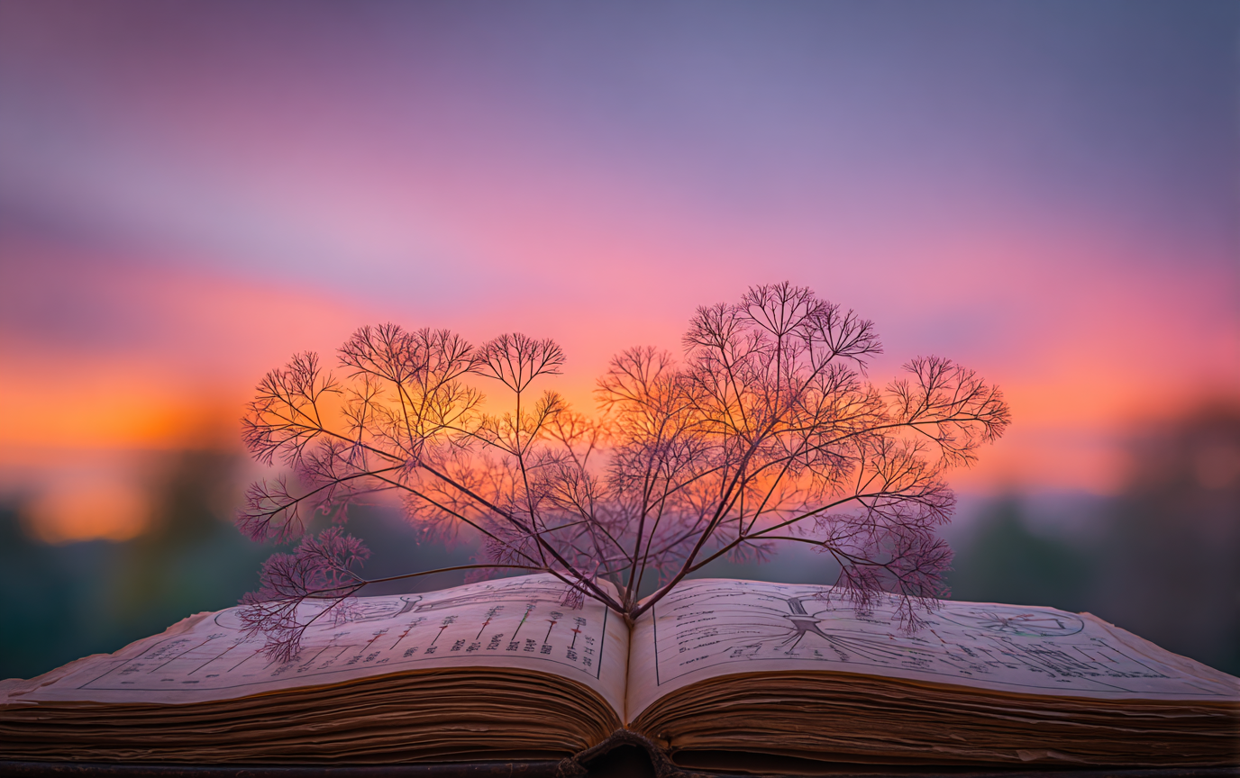A bare, branching seed head rises from the pages of an open book against a sunset sky.