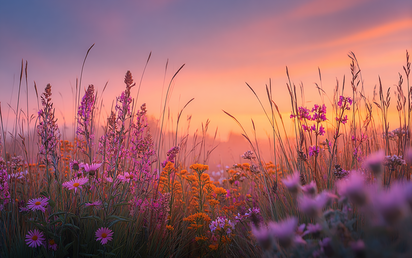 Tall grass and pink and orange wildflowers backlit by a glowing sunset.