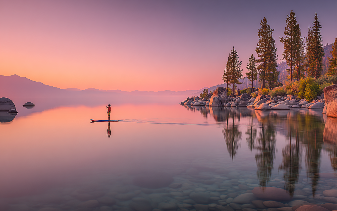 A lone paddleboarder glides across still water at sunrise near a rocky, pine-lined shore.